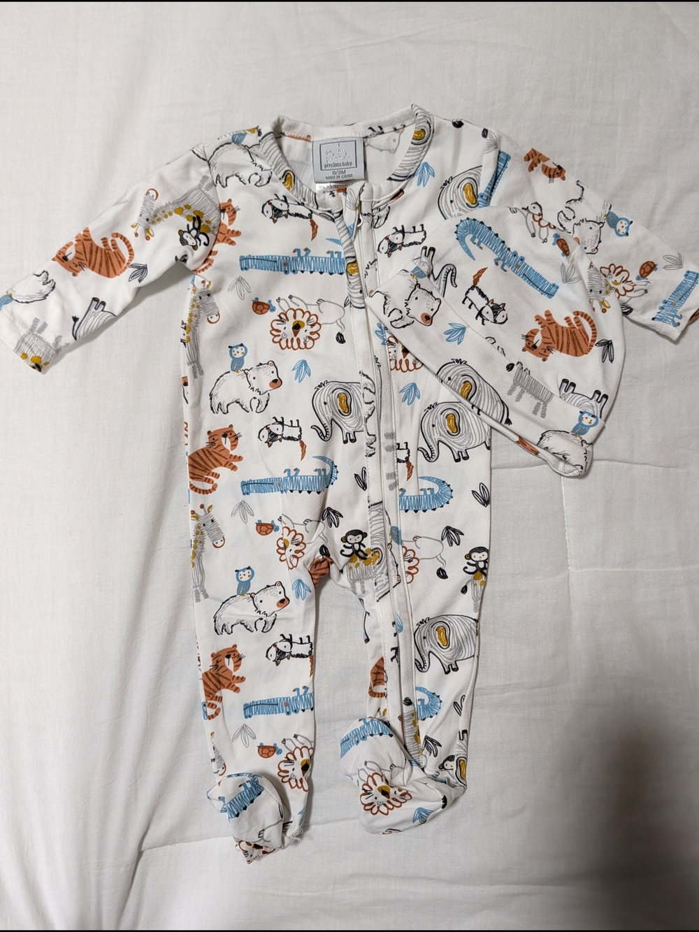 Baby Animal-Print Footed One-Piece with Hat - White/Brown/Blue